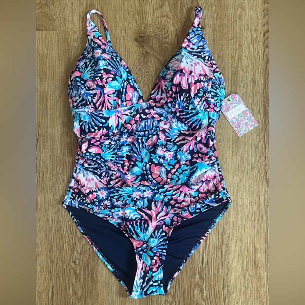 NWT Stella Parker Women’s 1 Piece Bathing Swim Suit Size S Navy Coral Adjustable